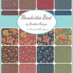May include: A collection of fabric swatches in a variety of patterns and colours. The set includes squares with floral, striped, and textured designs in shades of red, blue, brown, and green. The text "Threads that Bind" is displayed in the centre.