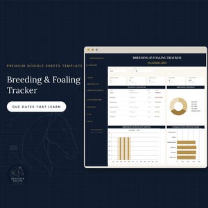 Può includere: Un modello digitale di Google Sheets per il monitoraggio dell'allevamento e del parto visualizzato su uno schermo. L'interfaccia presenta una barra laterale blu scuro e un'area dashboard bianca con un calendario, un grafico a torta e istogrammi.