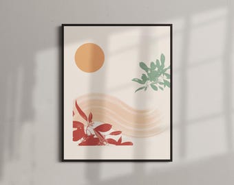 Könnte beinhalten: Abstrakter Kunstdruck mit einem pfirsichfarbenen Kreis, einer wellenförmigen Linie in Pfirsich und Weiß sowie grünen und roten Blattdesigns.