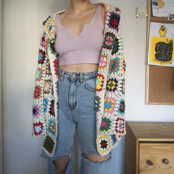 Crochet Granny Square Hooded Cardigan, Recycled Acrylic Patchwork Coat