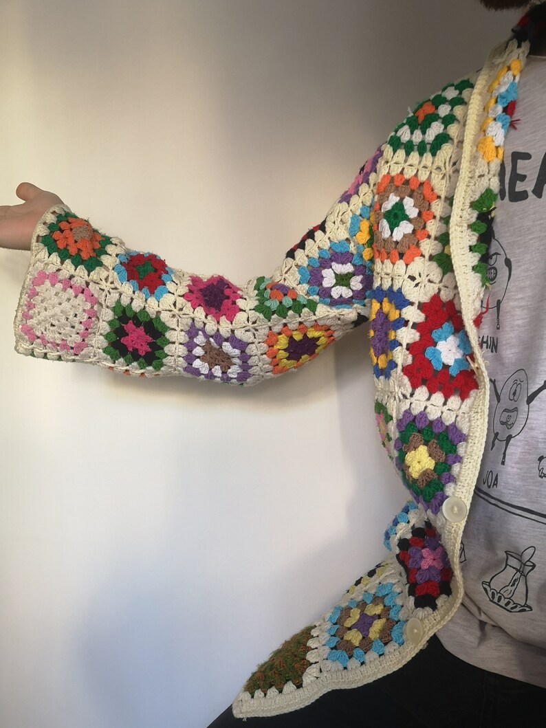 Mother/'s Day Crochet Long Sleeve Cardigan Gift Birthday Gifts Hand Knitted Patchwork Multicolored Clothing Unisex Granny Square Cardigan