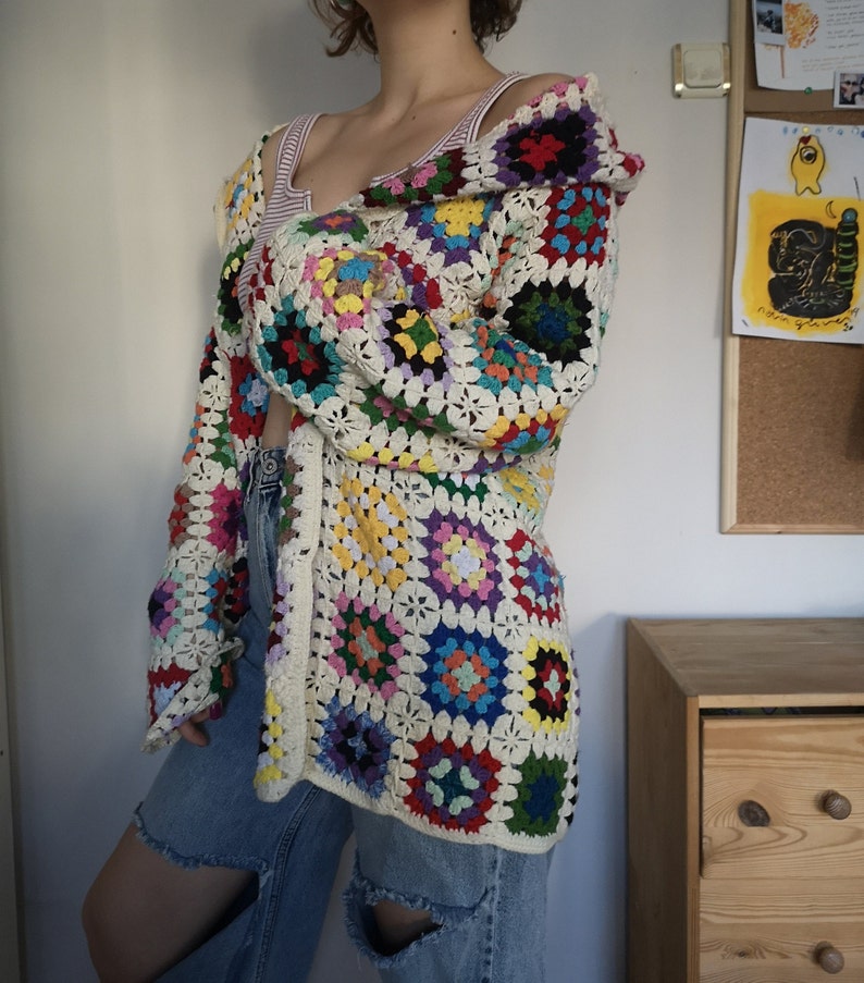 Mother/'s Day Crochet Long Sleeve Cardigan Gift Birthday Gifts Hand Knitted Patchwork Multicolored Clothing Unisex Granny Square Cardigan