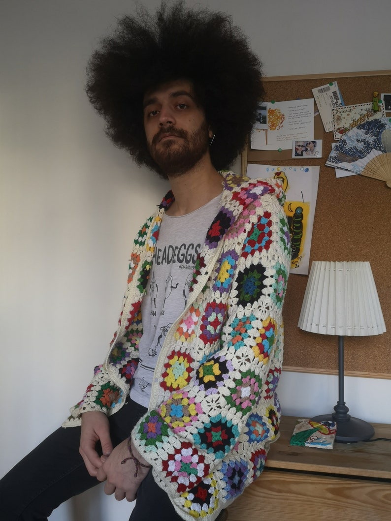 Mother/'s Day Crochet Long Sleeve Cardigan Gift Birthday Gifts Hand Knitted Patchwork Multicolored Clothing Unisex Granny Square Cardigan
