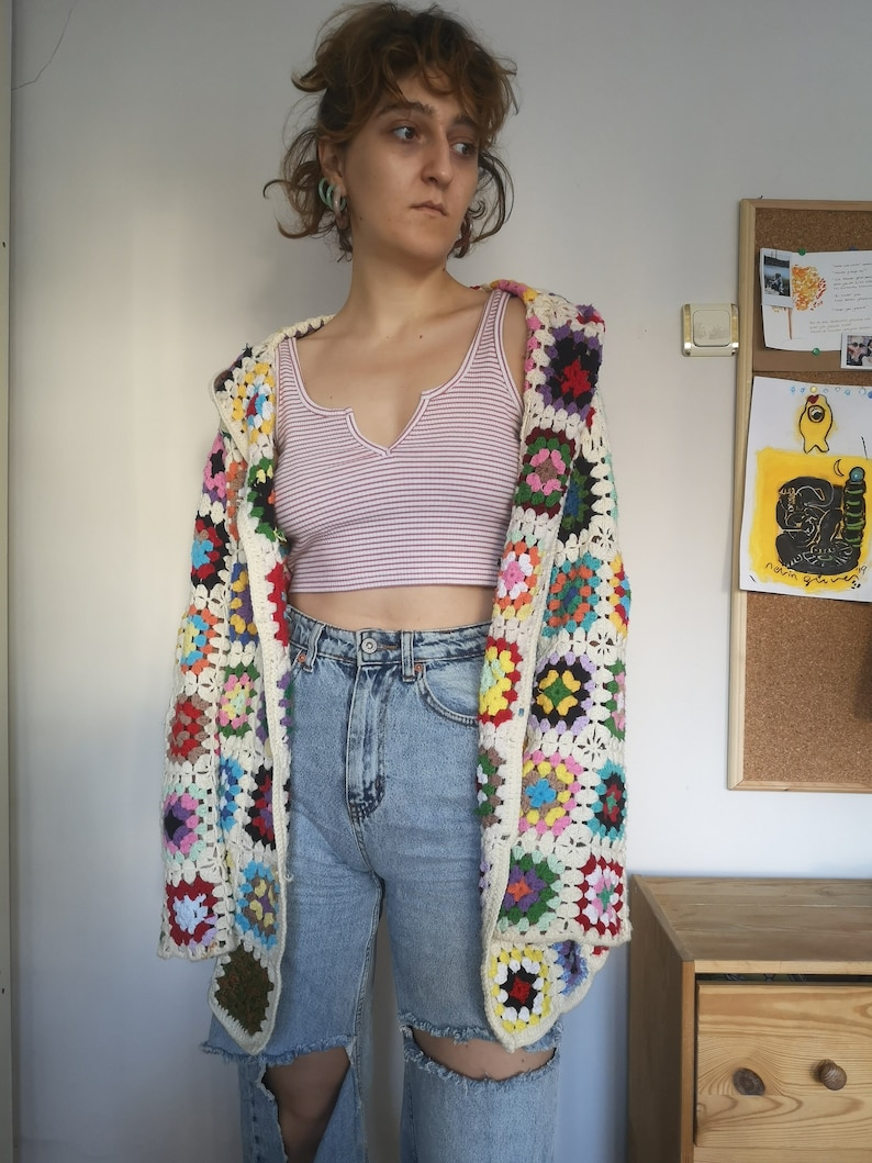 Mother/'s Day Crochet Long Sleeve Cardigan Gift Birthday Gifts Hand Knitted Patchwork Multicolored Clothing Unisex Granny Square Cardigan