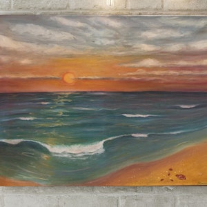 夕日の海の絵 金の地平線の絵 油彩夕日の絵 青い海の絵 厚い絵の具 ユニークなオリジナルアート