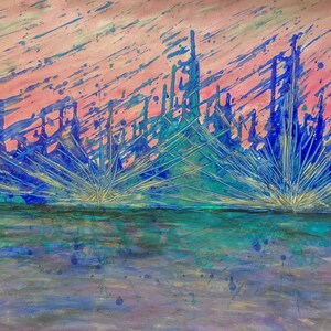 Under the rain abstract acrylic painting, trees and building abstract painting, world abstract painting, raindrops abstract painting