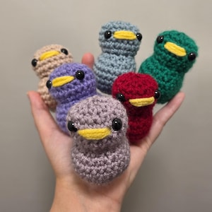May include: A collection of six small, handmade crochet ducklings in various colors including beige, purple, light blue, dark green, red, and lavender. Each duckling features a textured yarn body, two black plastic bead eyes, and a yellow beak.