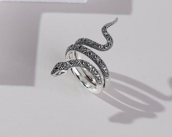 Art Nouveau Style Marcasite Snake Ring in 925 Sterling Silver