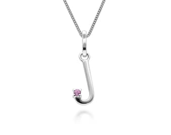 Initial J Pink Sapphire Letter Charm Necklace in 9ct White Gold