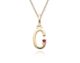 Initial C Ruby Letter Necklace in 9ct Yellow Gold