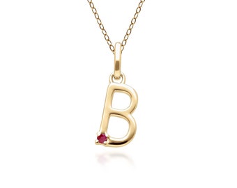 Initial B Ruby Letter Necklace in 9ct Yellow Gold