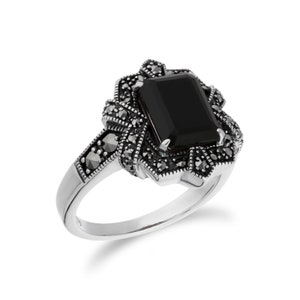Art Deco Style Baguette Black Onyx & Marcasite Ring in 925 Sterling ...