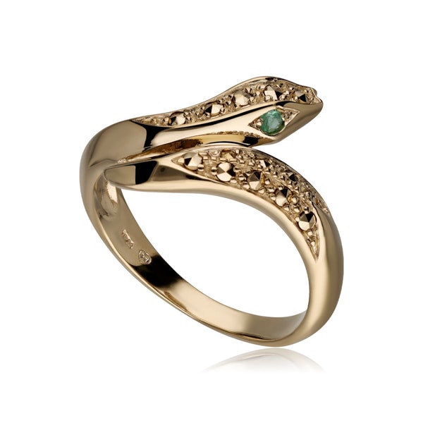 Art Nouveau Style Emerald Eye Marcasite Snake Ring in Gold Plated Silver