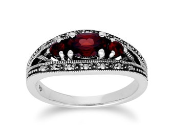 Art Deco Style Garnet & Marcasite Three Stone Ring in 925 Sterling Silver