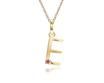 Initial E Ruby Letter Charm Necklace in 9ct Yellow Gold
