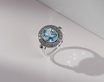 Art Deco Style Blue Topaz & Marcasite Cocktail Ring Sterling Silver