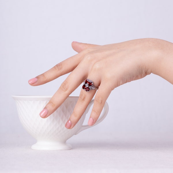 Art Nouveau Inspired Red Garnet Cocktail Ring in Sterling Silver