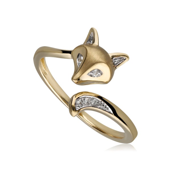 Clear Sapphire Fox Ring in 9c Brushed Yellow Gold