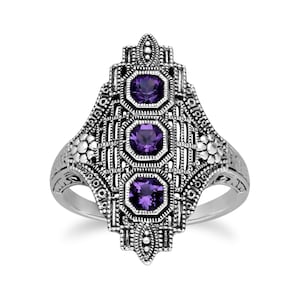 Art Nouveau Style Octagon Amethyst Three Stone Filigree Statement Ring in 925 Sterling Silver