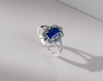 Art Deco Style Baguette Lapis Lazuli & Marcasite Ring in 925 Sterling Silver