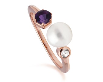 White Pearl, Amethyst & Topaz Open Ring in Rose Gold Plated Silver