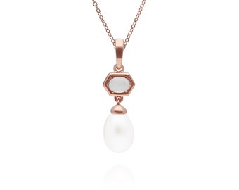 Modern Pearl & Opal Hexagon Drop Pendant in Gold Plated 925 Sterling Silver