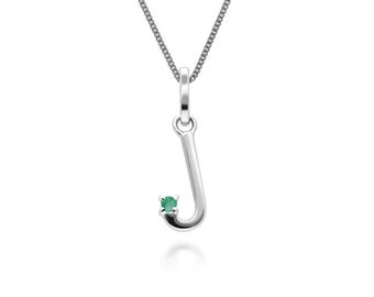 Petite Initial J Emerald Letter Charm Necklace in 9ct White Gold