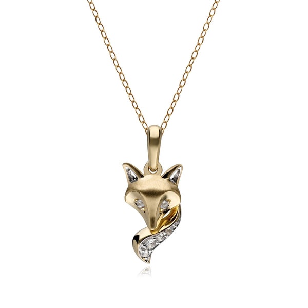 Clear Sapphire Fox Pendant In 9ct Brushed Gold