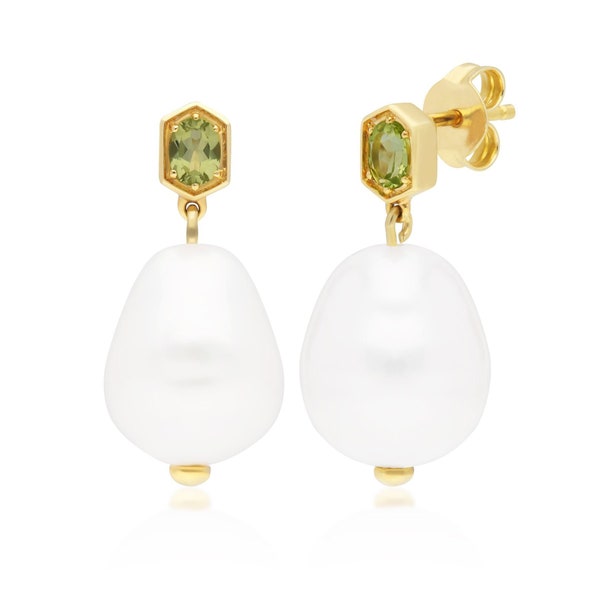 Contemporary Baroque Pearl & Peridot Drop Earrings in Gold Plated Silver