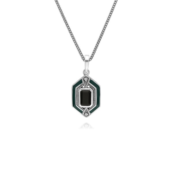 Art Deco Style Octagon Onyx, Marcasite & Enamel Hexagon Pendant in 925 Sterling Silver