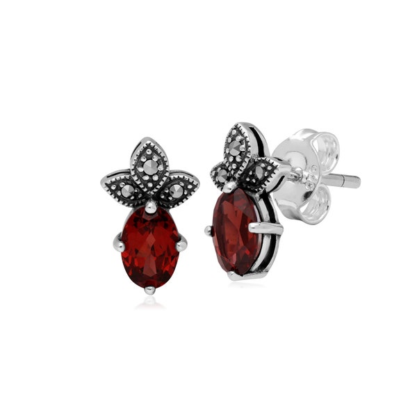 Art Deco Style Oval Garnet & Marcasite Stud Earrings in 925 Sterling Silver