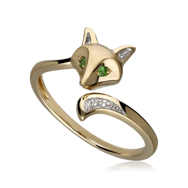 Tsavorite & Sapphire Fox Ring in 9ct Yellow Gold