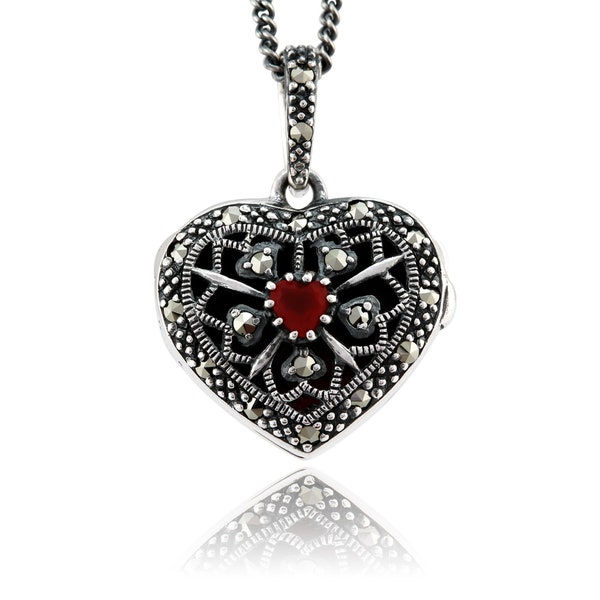 Art Nouveau Style Heart Cornelian & Marcasite Locket on Chain in 925 Sterling Silver