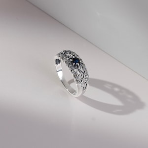 Art Nouveau Style Round Sapphire & Marcasite Floral Band Ring in 925 Sterling Silver