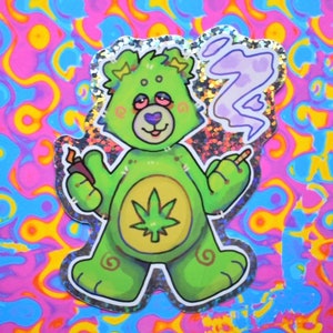 Glitter Stoner Bear Sticker / 80s Inspired Green Vinyl Decal