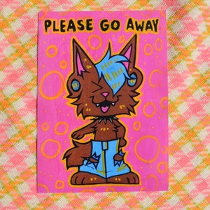 May include: A cartoon illustration of a brown and blue wolf with a pink background and the text "PLEASE GO AWAY". The wolf is wearing blue jeans with gold accents and has a black collar with spikes.