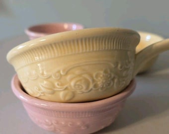VTG Oven Serve Ware Pink Yellow Soup Bowl Floral Handle T.S.T. Set of 4