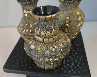 Set Of 3 Vtg Ceramic Bud Vases Hand Decorated w/ Beads, Mirrors, Natural Stones