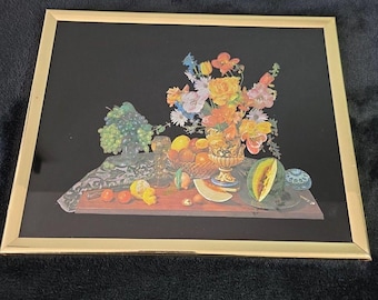 Vintage Dufex Foil Art Print Still Life Fruit & Flowers Framed England 8x10