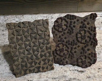 2 Antique Vintg Wooden Hand Carved Textile Fabric Printing Blocks Stamps - India