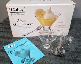Libby Just Desserts Mini Flare Glass Dessert Dishes & Mini Spoons W/ Recipe Card
