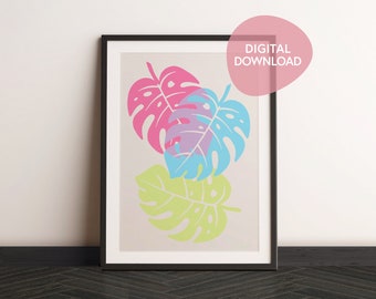 Neon Monstera Leaves Print, Digital Download, Tropical lines Large