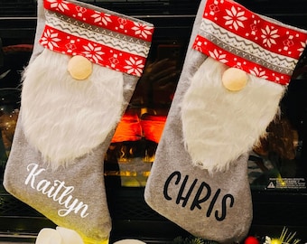 Personalized Christmas Gnome stocking, gray gnome family stocking, customize Stocking