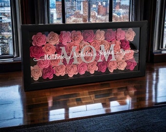 Mother's day Floral Shadow Box gift,  Mom Christmas gift, paper rose frame gift for Mom with kids name, grandma and grandkids name