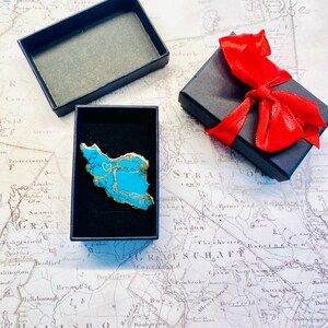 Handmade Iran Map Brooch | Turquoise and Gold marble Polymer Clay Pin | Persian Pride Gift | Iran Map Jewelry | Farsi Gift for Her image 2