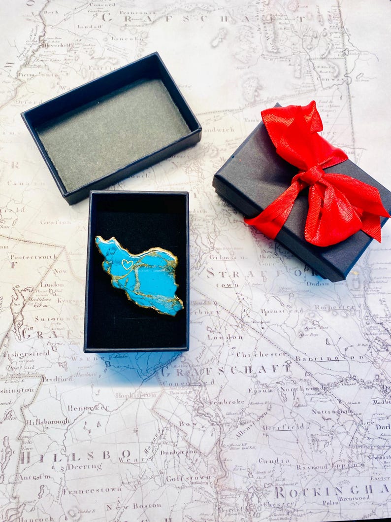 Handmade Iran Map Brooch | Turquoise and Gold marble Polymer Clay Pin | Persian Pride Gift | Iran Map Jewelry | Farsi Gift for Her image 2