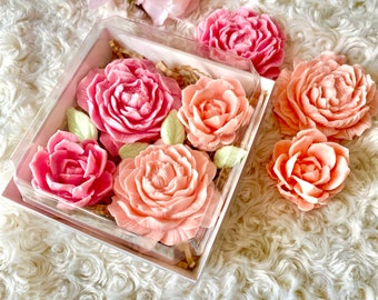 Set of 4 flower soaps gift box, Mother's day peony soap gift, bathroom soap decoration, scented 3D flower guest soap