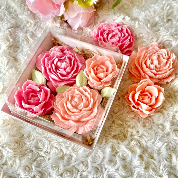 Set of 4 flower soaps gift box, Mother's day peony soap gift, bathroom soap decoration, scented 3D flower guest soap