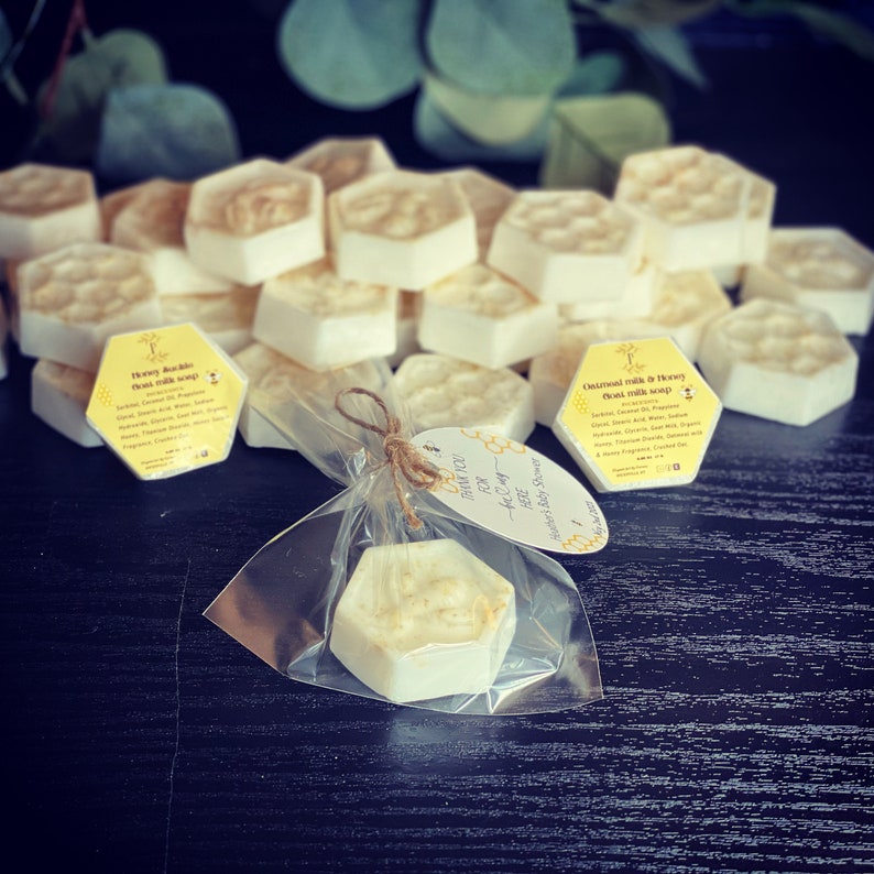 Set of 10 Bee & Honeycomb honey oatmeal soap, handmade soap for mommy to bee, bridal and baby shower Favor, detergent free soap, baby shower image 7