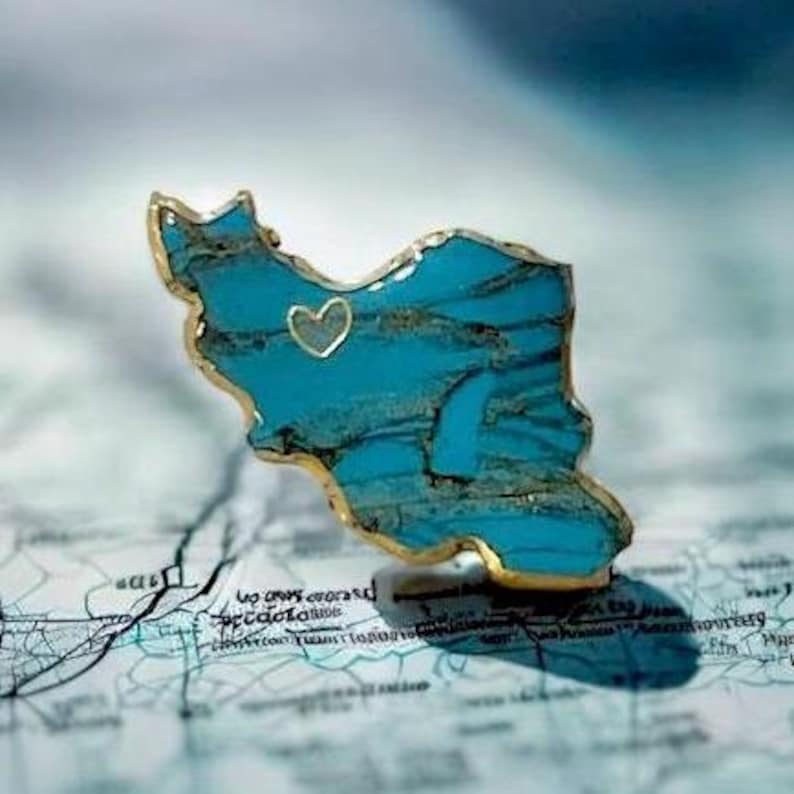 Handmade Iran Map Brooch | Turquoise and Gold marble Polymer Clay Pin | Persian Pride Gift | Iran Map Jewelry | Farsi Gift for Her image 1